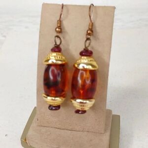 Gold and Brown Barrel Dangle Earrings Vintage